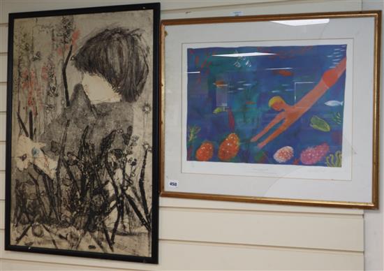 Charles Mozley, ink and watercolour, Child amongst flowers, 76 x 51cm and a Christopher Kore limited edition